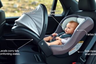 Scoica auto pentru nou-născuți, montată rear-facing, cu caracteristici de siguranță.