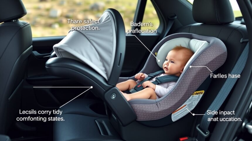 Scoica auto pentru nou-născuți, montată rear-facing, cu caracteristici de siguranță.