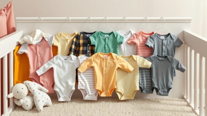 Body-uri pentru nou-născuți în diverse culori și modele.