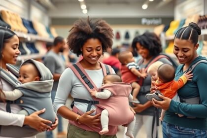 Mame cu bebeluși în marsupii ergonomici în magazin