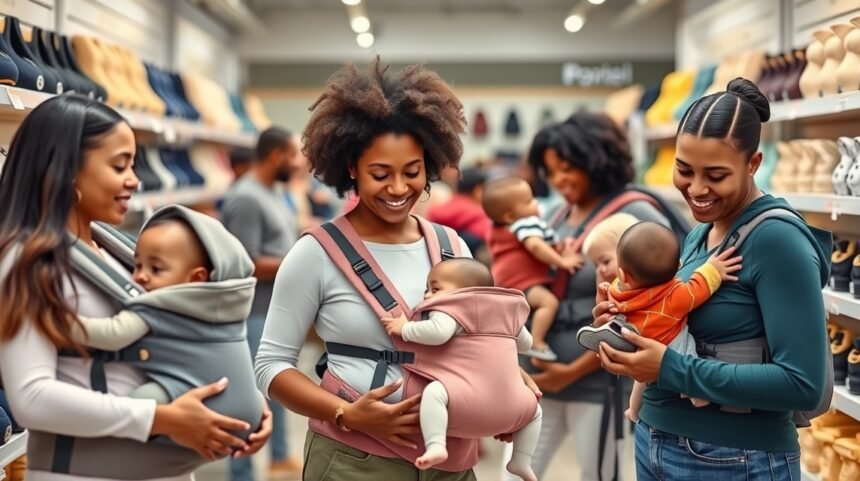 Mame cu bebeluși în marsupii ergonomici în magazin