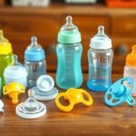 Biberoane și tetine colorate pentru bebeluși pe o masă de lemn