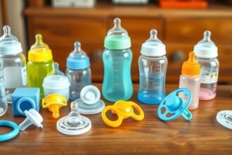Biberoane și tetine colorate pentru bebeluși pe o masă de lemn