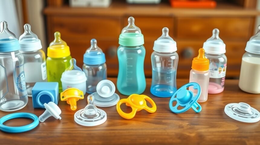 Biberoane și tetine colorate pentru bebeluși pe o masă de lemn