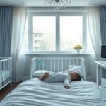 Bebeluș dormind în cameră cu un monitor de respirație și video