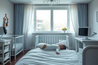 Bebeluș dormind în cameră cu un monitor de respirație și video