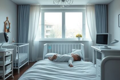 Bebeluș dormind în cameră cu un monitor de respirație și video