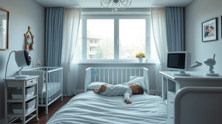 Bebeluș dormind în cameră cu un monitor de respirație și video