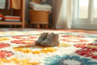 Încălțăminte pentru bebeluși pe un covor colorat