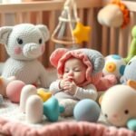 Bebelus jucand cu jucarii senzoriale in patut colorat.