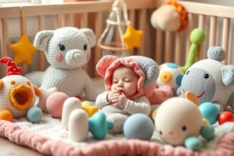 Bebelus jucand cu jucarii senzoriale in patut colorat.