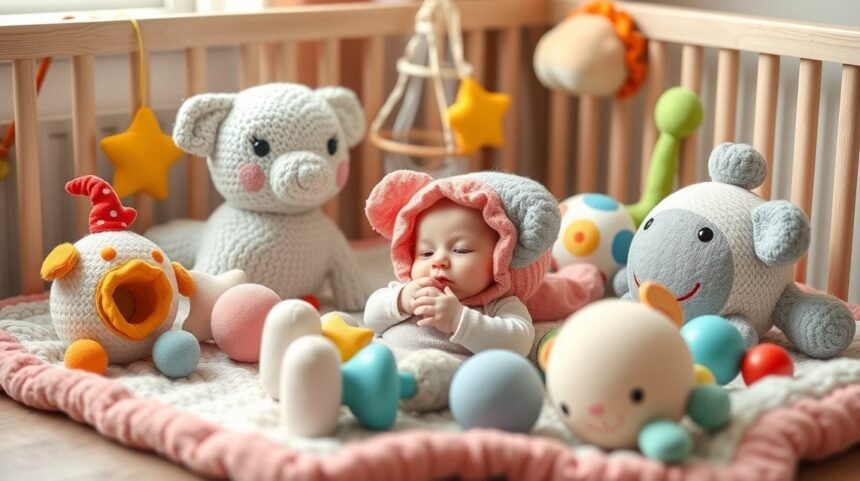 Bebelus jucand cu jucarii senzoriale in patut colorat.