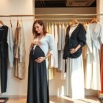 femeie insarcinata purtand haine de maternitate intr-un magazin