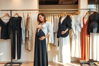 femeie insarcinata purtand haine de maternitate intr-un magazin
