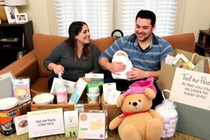 Proaspeți părinți cu cadouri utile pentru îngrijirea bebelușului.