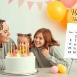 Familie sărbătorind onomastica cu tort și cadouri.