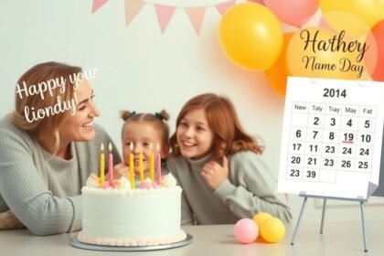 Familie sărbătorind onomastica cu tort și cadouri.