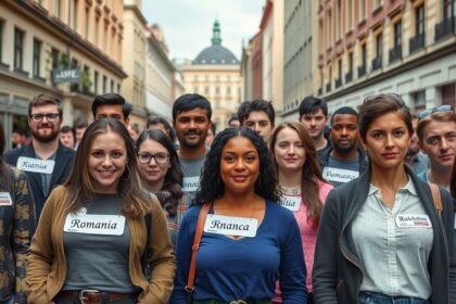 Oameni zâmbind pe o stradă din România, purtând nume românești vechi.
