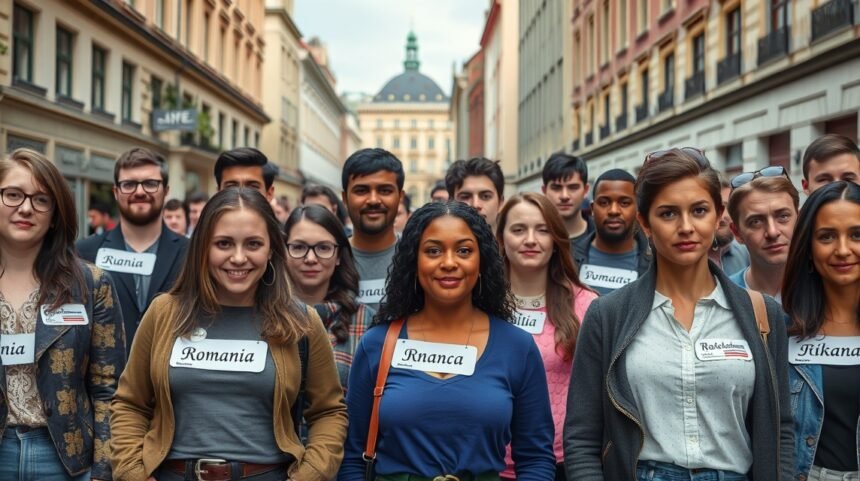 Oameni zâmbind pe o stradă din România, purtând nume românești vechi.