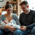 Părinți fericiți cu bebelușul acasă, pregătindu-se pentru prima zi.