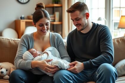 Părinți fericiți cu bebelușul acasă, pregătindu-se pentru prima zi.