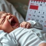 Bebeluș plângând lângă un calendar de hrănire
