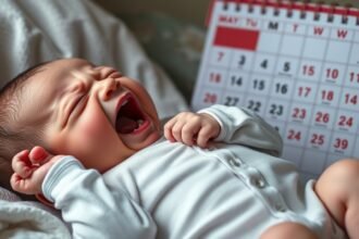 Bebeluș plângând lângă un calendar de hrănire