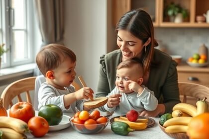 Mama și doi copii mici explorând alimente sănătoase la masă