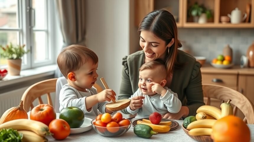 Mama și doi copii mici explorând alimente sănătoase la masă