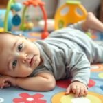 Bebe în timpul tummy time pe o salteluță colorată, dezvoltându-și abilitățile motorii.