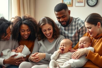 Familie care îngrijeşte bebeluși care plâng și zâmbesc