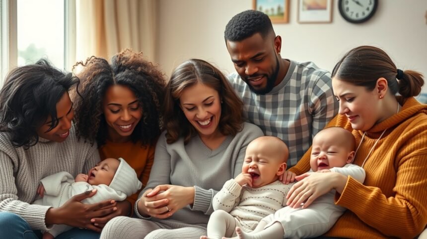 Familie care îngrijeşte bebeluși care plâng și zâmbesc