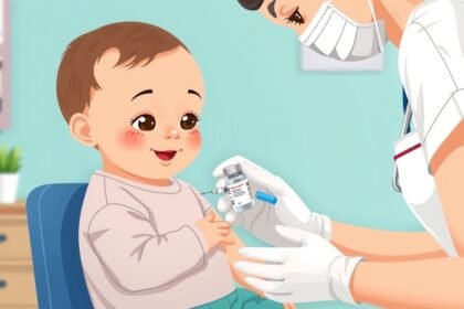 Bebe primind vaccinul de la medic într-un cabinet