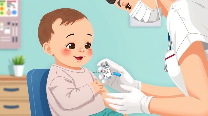 Bebe primind vaccinul de la medic într-un cabinet