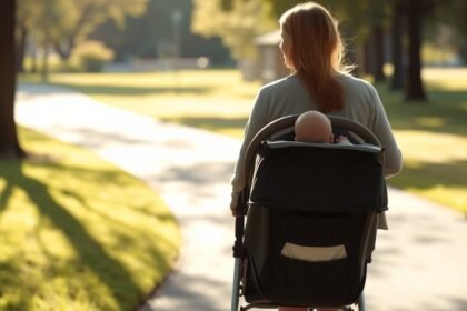 Mama plimbându-se cu nou-născutul în cărucior într-un parc