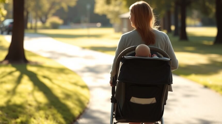 Mama plimbându-se cu nou-născutul în cărucior într-un parc