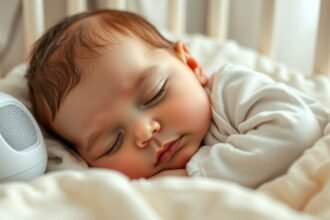 Bebeluș adormit lângă un dispozitiv de zgomot alb