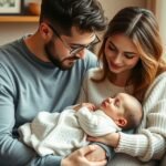 Părinți care își îngrijesc copilul într-un moment de intimitate familială