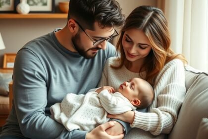 Părinți care își îngrijesc copilul într-un moment de intimitate familială