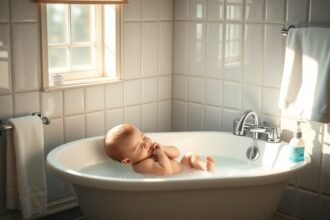 Bebelus in cada, bucurandu-se de prima baita intr-un mediu sigur