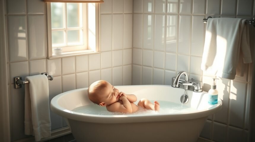 Bebelus in cada, bucurandu-se de prima baita intr-un mediu sigur