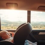 Bebeluș relaxat în scaun auto pe drumuri pitorești