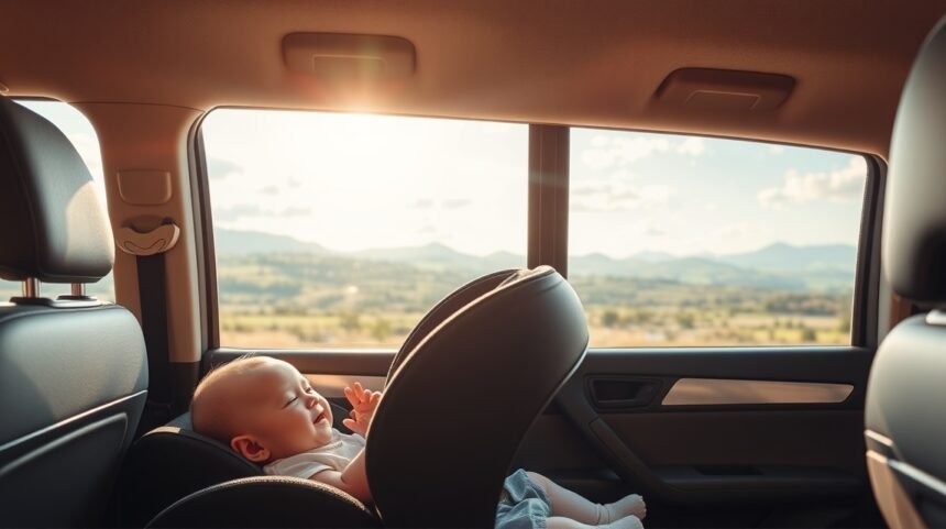 Bebeluș relaxat în scaun auto pe drumuri pitorești
