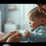 Mămica tăind unghiile bebelușului în siguranță și cu atenție.