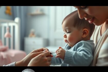 Mămica tăind unghiile bebelușului în siguranță și cu atenție.