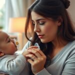 Mama interacționează cu bebelușul, amândoi ținând suzete.