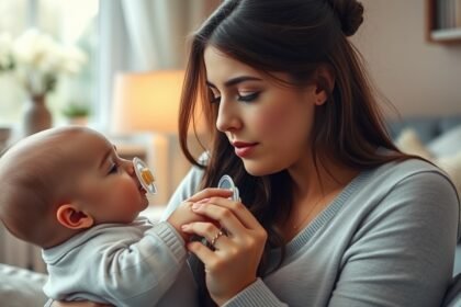 Mama interacționează cu bebelușul, amândoi ținând suzete.