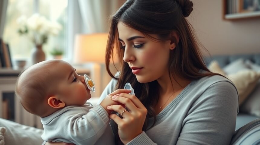 Mama interacționează cu bebelușul, amândoi ținând suzete.