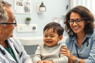 Vizită la medic fără lacrimi: un copil zâmbitor cu părintele și doctorul.