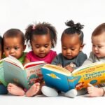 Bebeluși citind cărți colorate pentru dezvoltarea lor timpurie.